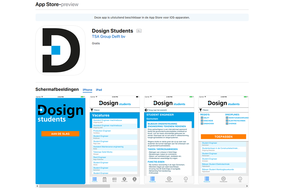 TSA Group Delft bv - screenshot Dosign Students App